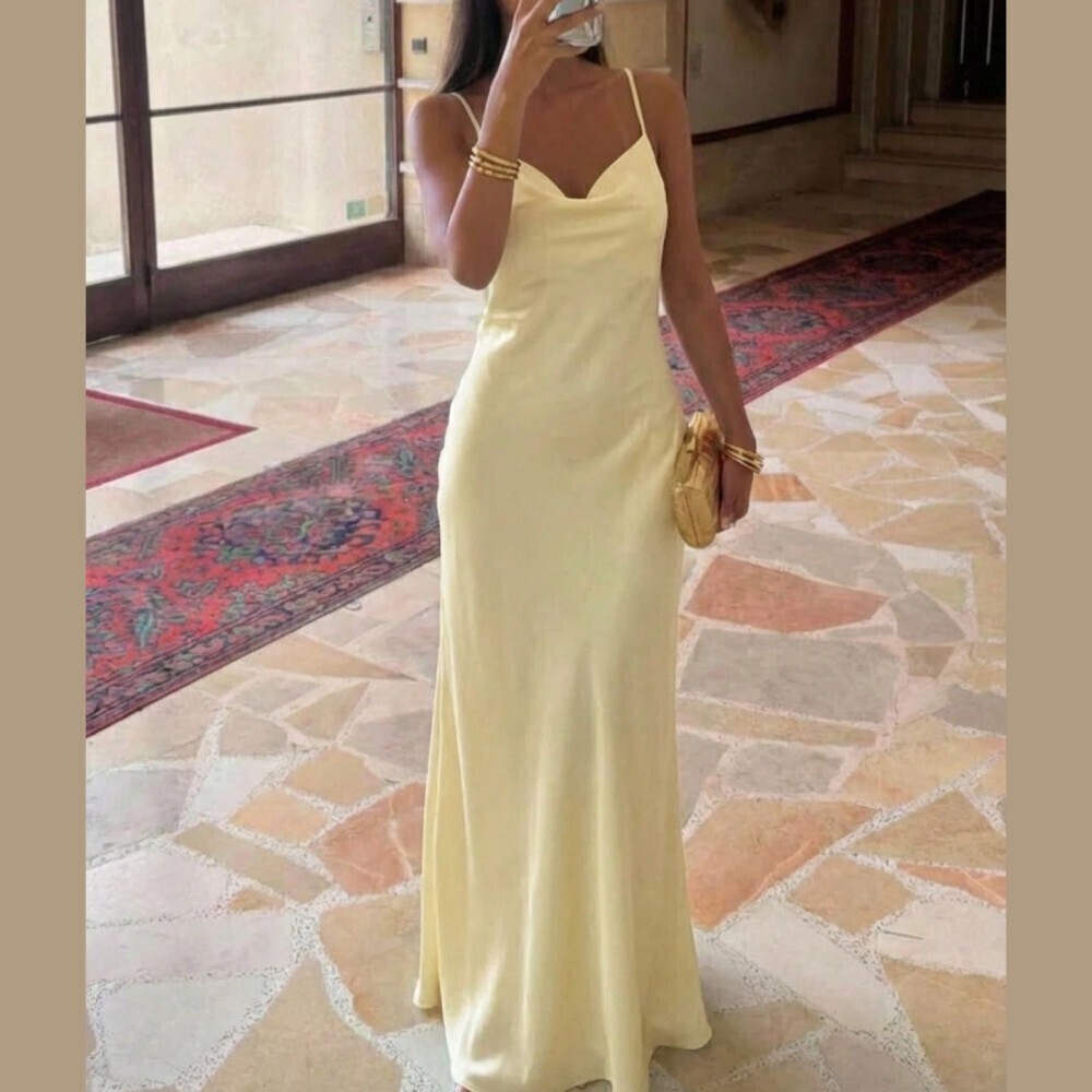Pale Yellow Satin Cowl Neck Spaghetti Strap Maxi Dress - Picture 4 of 9